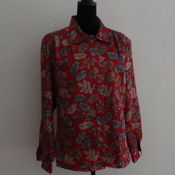 Red color blouse with golden leaves design, shiny - Picture 1 of 9